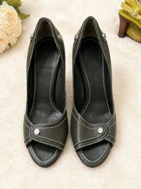 Celine Olive Green Leather Peep-Toe Heels